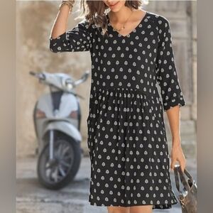 Garnet Hill Black/White Woodblock Print Midi Dress, Pockets, Sz 12